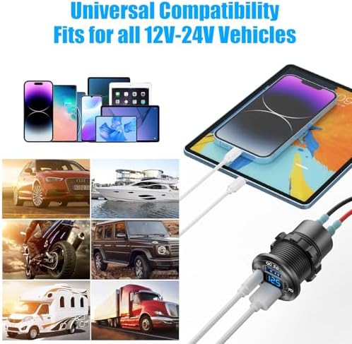 High-Performance 2 Pack 12 V USB Outlet 4 Port Car Charger Socket – 78 W Dual PD USB C & Quick Charge 3.0 Adapter with Integrated Voltmeter, Waterproof Design for Cars, Boats, RVs, ATVs & More – Ultimate Fast Charging Solution for On-the-Go Power Needs