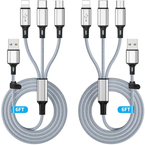 Versatile 3-in-1 Charging Cable – 6 FT Nylon Braided Universal Charger for i Phone 15, Android, and Samsung Devices – Lightning, Type-C, Micro USB Compatibility – Durable, Fast Charging Solution for Home and Travel – 2 Pack for Ultimate Convenience
