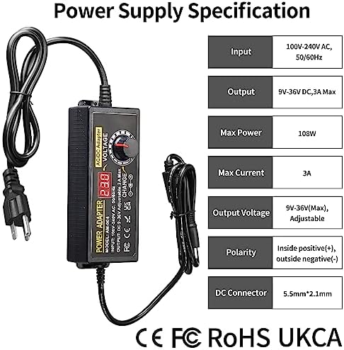 Versatile 108 W Adjustable DC Power Supply with LED Voltage Display – Ultimate Multi-Device Converter for 9 V to 36 V Needs, Featuring 14 Interchangeable Tips & Polarity Adapter for Enhanced Compatibility and Efficiency