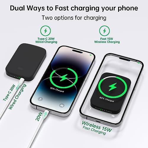 Magnetic 10,000 m Ah Fast Charging Power Bank for i Phone 15/14/13/12 – 20 W Wireless Portable Charger with USB-C Dual Ports & Cable – Effortless Magnetic Attachment for On-the-Go Power Efficiency