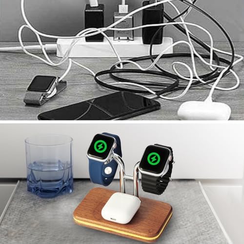Sleek Dual Wireless Charging Dock for Apple Watch & Air Pods – 10 W Quick Charge Station with Multi-Color LED Status Light | Premium Wooden Finish for All Apple Watch Series & Pro Models | Transform Your Charging Area with Style and Efficiency