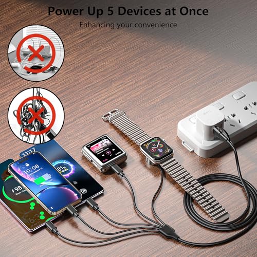 Ultimate 5-in-2 Multi-Device Charging Cable for Apple Watch and Smartphones – High-Speed USB A/C Input with Versatile Lightning, Type C, Micro, and Mini Outputs – Compatible with i Phone 15-13, i Watch 1-9, Galaxy S23-22 – 4 FT Length for Unmatched Portability and Everyday Use – Perfect for Travel and Daily Charging Solutions