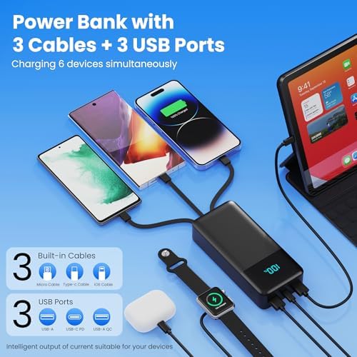 High-Capacity 40800 m Ah Portable Charger with Integrated Cables – Fast PD 25 W USB-C & QC4.0 Power Bank for i Phone 15/16 and Samsung – Smart LED Indicator, 5 Outputs for Multi-Device Charging – Ultimate Travel Companion for On-the-Go Power Solutions