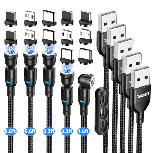 Versatile 5-Pack Magnetic Charging Cables with 540° Rotating Connectors and LED Indicator – Durable Micro USB, USB C, and i-Product Compatibility for Fast Charging and Efficient Data Transfer