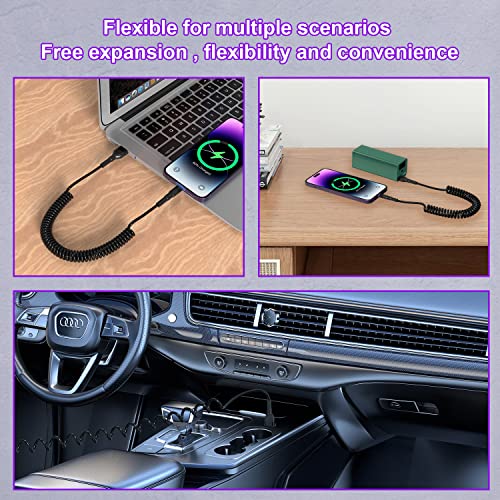 Retractable Coiled Lightning Cable for Apple Car Play – MFi Certified Fast Charging & Data Sync with LED Indicator – Compact i Phone Charger for Car Use – Tangle-Free Design for Ultimate Convenience and Enhanced Performance