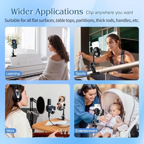 Versatile 360° Gooseneck Clip Phone Holder with Auto-Locking Clamp – Adjustable Arm Lengths for Desk, Treadmill, and Mic Stand – Securely Fits 4-7″ Smartphones for Ultimate Hands-Free Convenience and Enhanced Productivity
