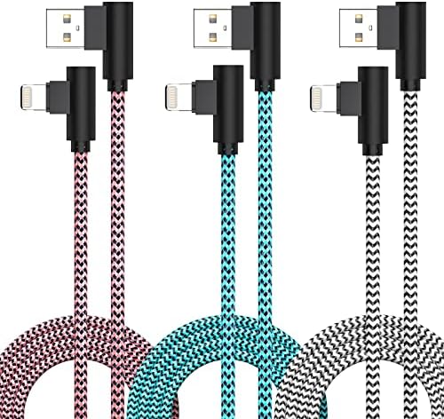 Premium 3-Pack 10 FT Right Angle Lightning Charger for i Phone – Apple MFi Certified Fast Charging Cable for i Phone 14/13/12/11 Pro/Pro Max/Mini/XS/XR/8/7 Plus & i Pad – Ideal for Car Play & Enhanced Durability for Everyday Use
