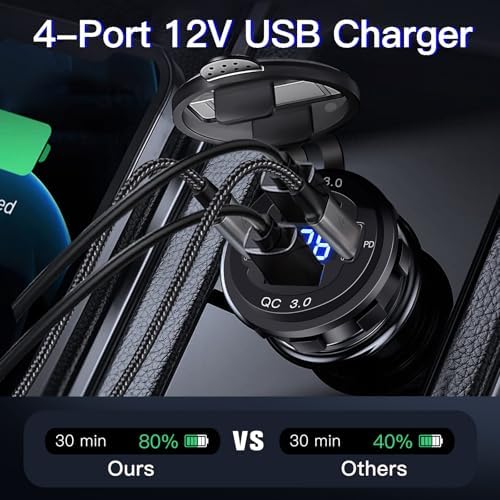 High-Performance 4-Port 12 V USB Car Charger with Dual PD & QC Technology – 78 W Aluminum Multi-Port Charger with Integrated Voltmeter for Marine, Motorcycle & Vehicle Charging – Ultimate Fast Charging Solution for Multiple Devices