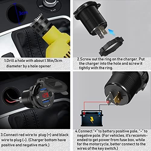 Premium 12 V USB Outlet Dual Quick Charge 3.0 Pack – Waterproof Aluminum Charger with LED Voltmeter & Power Switch for Marine, Motorcycle, Truck, Golf Cart, RV, and Car – Ultimate Charging Solution for Active Lifestyles