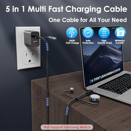 Ultimate 240 W USB-C 4-in-1 Charging Cable for Apple Watch, i Phone, i Pad, Mac Book, and Samsung Devices – High-Speed Travel Charger with Exceptional Compatibility, 5 FT Length for Efficient Multi-Device Charging – Essential Tech Accessory for Fast Power Solutions on the Go