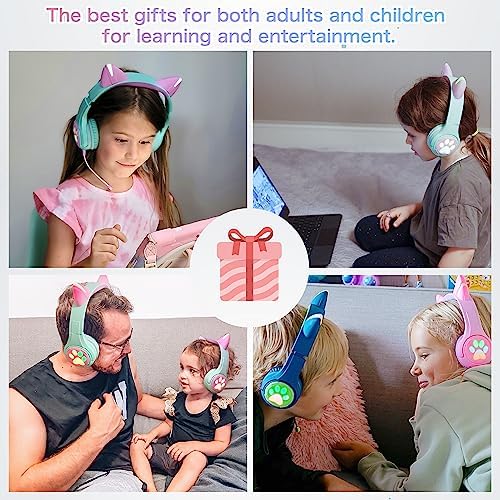 Riwbox CF9 Cat Ear Bluetooth Headphones for Kids – Safe 85 d B Volume Limit, Fun LED Light-Up Design, Dual Microphones for Clear Calls, Perfect for Tablets, Schools, Air Travel & Remote Learning, Lightweight Comfort in Trendy Purple