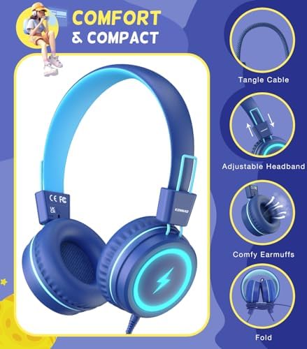 Kid-Friendly USB Type C Headphones with LED Lights – Safe Volume Limiter (85 d B/94 d B) for School Use, Foldable On-Ear Design for Comfort and Portability, Integrated Microphone for Learning and Gaming Fun – Perfect for i Pad and More