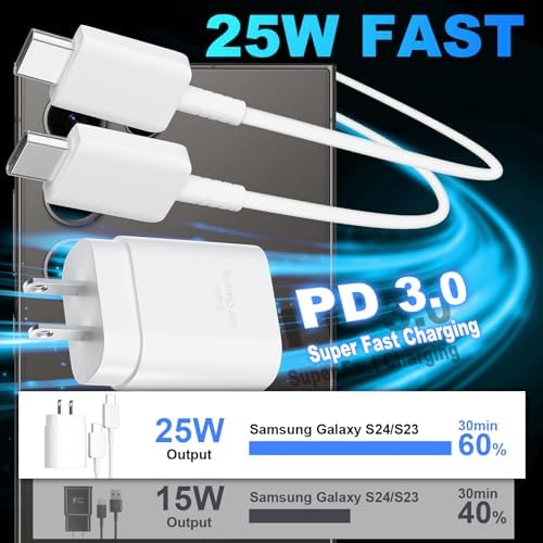 25 W Ultra-Fast Samsung Charger with 6.6 FT USB-C Cable | Rapid Charging Solution for Galaxy S25/S24/S23/S22/S21/Note Series | High-Speed Performance & Safety Features for On-the-Go Users | Ideal for Travel & Everyday Use | Boost Your Device’s Battery Life Effortlessly