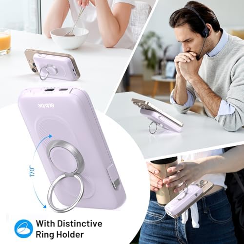Magnetic Wireless Power Bank for Apple Devices – BLAVOR 10,000 m Ah Portable Charger with Built-in Cables and 20 W Fast Charging, Seamless Compatibility for i Phone 16/15/14/13/12 and Apple Watch, Integrated Stand for Hands-Free Use, Sleek White Design – Ultimate Convenience for On-the-Go Charging