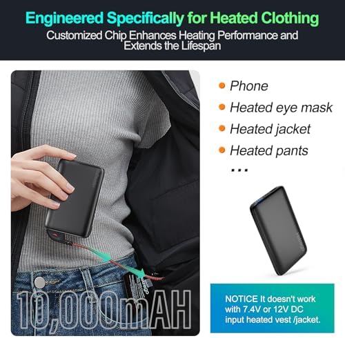 Ultra-Compact Heated Vest Battery Pack – 10,000 m Ah Lightweight USB Power Bank for Instant Warmth in Heated Clothing, Compatible with i Phone and Samsung Devices – Fast Charging, Portable, and Durable Solution for Cold Weather Adventures