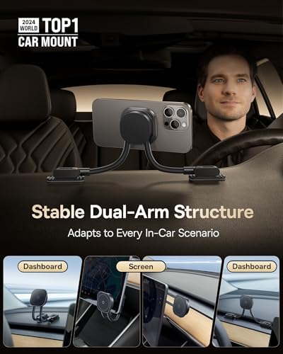 Baseus Mag Safe Car Mount: Advanced Dual Arm Magnetic Phone Holder for Seamless Navigation – Optimized for i Phone 16/15/14/13 Pro Max Plus – Sturdy Aluminum Construction for Ultimate Durability and Dashboard Versatility