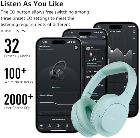 TOZO Bluetooth 5.4 Over-Ear Headphones – Unmatched 70-Hour Playtime, Tailored EQ for Personalized Audio Experience, Rich Deep Bass for Immersive Sound, Travel-Friendly Foldable Design, Integrated Microphone for Clear Voice Calls & Ultra-Low Latency for Flawless Streaming – Advanced Noise Cancellation & Broad Compatibility Options