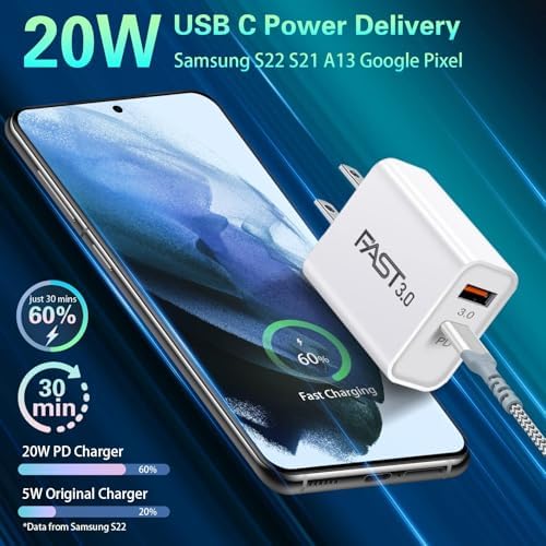 Dual Port Fast Charging Wall Adapter with 10 FT Right-Angle USB C Cable – 20 W USB-C Power Block for i Phone 16/15, Samsung Galaxy S25 Ultra, S24, S23, S10 – Efficient Charging Convenience for Home, Office, and Travel