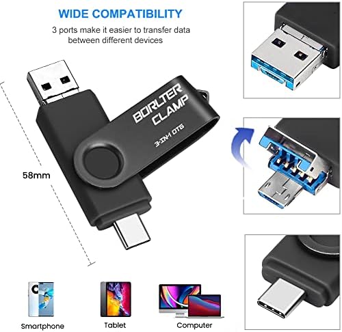 Borlter Clamp 64 GB 3-in-1 USB 3.0 Flash Drive: Versatile OTG Memory Stick with USB C, Micro USB, and USB A Ports for High-Speed Data Transfer Across Android Phones, Tablets, and PCs – Perfect for Samsung Galaxy and LG Users, Compact Storage Solution for Photos and Files