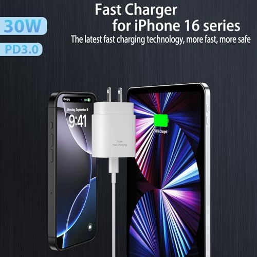 30 W USB-C Fast Charging Wall Charger with 10 FT Type C Cable – Ultimate Power Solution for i Phone 16 Pro Max, i Pad Pro/Air, Galaxy S25/S24 – Superior Speed, Versatile Compatibility & Long-Lasting Durability for All Your Charging Needs