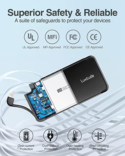 Ultra-Slim Luxtude Portable Charger with Built-in MFi Lightning Cable – 5000 m Ah Power Bank for i Phone 14, 13, 12, 11, 10 | Sleek Metal Black Design for Effortless Charging On-the-Go | Lightweight and Durable Phone Battery Pack for Everyday Use