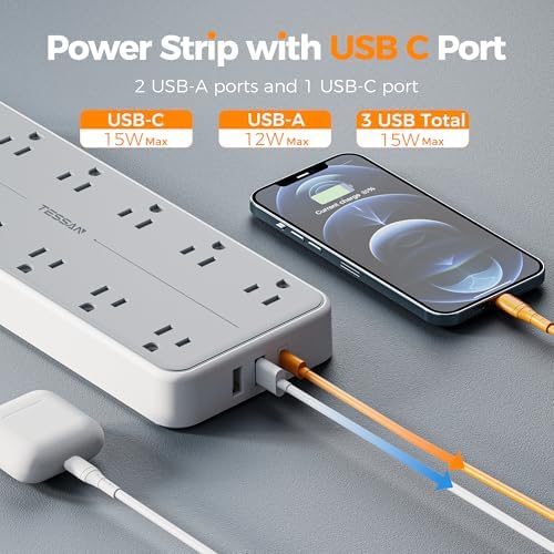 TESSAN High-Capacity Surge Protector Power Strip – 12 AC Outlets & 3 Fast USB Ports (1 USB-C) – Flat Wall Plug Design for Space Efficiency – 5 Ft Cord with 1700 Joules Surge Protection – Essential Power Management Solution for Home, Office, and Dorm Room Use
