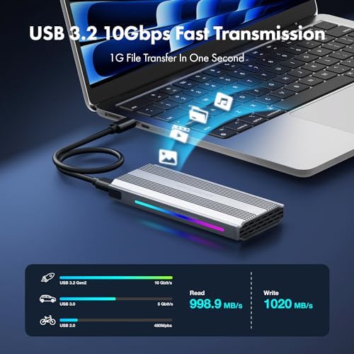GRAUGEAR RGB M.2 SSD Enclosure – Ultra-Fast 10 Gbps USB3.2 Gen2 Tool-Free Aluminum External NVMe Drive Case for PCIe M-Key & B+M Key SSDs – Stylish High-Speed USB-C Storage Solution with Customizable Lighting for Gamers and Creators