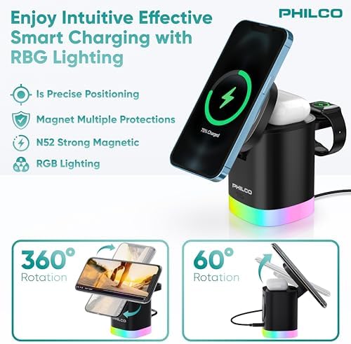 Philco 3-in-1 Magnetic Wireless Charging Station: Ultra-Fast 15 W Mag Safe Charger for i Phone 11-16, Apple Watch & Air Pods – Compact Foldable Design with USB-C Port & RGB Lighting for Enhanced Aesthetic and Efficiency