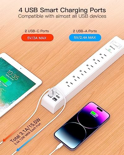 Maximize Your Power Access with 2 Pack 10 ft Surge Protector Power Strip – 6 Outlets & 4 Fast USB Charging Ports, Space-Saving Flat Plug Design, Overload Safety Features, Wall Mount Capability for Home, Office & Dorm Essentials