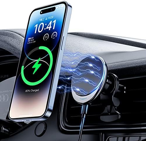Mag Safe Car Mount Wireless Charger – 15 W PRO Fast Charging Station for i Phone 16, 15, 14, 13, 12 Models – Universal Vent Design for Effortless Use and Magnetic Stability – Streamlined, Compact Accessory for On-the-Go Power and Connectivity