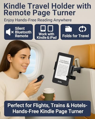 Hands-Free Kindle Travel Stand with Bluetooth Page Turner – Portable, Foldable E-Reader Holder for Airplane, Commute & Camping – Enhance Your Reading Experience Anywhere with Stability and Compatibility