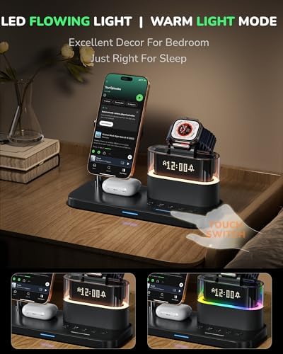 Ultimate 5-in-1 Wireless Charging Station with Alarm Clock and Night Light – Sleek Mag-Safe Dock for i Phone 16/15/14/13/12, Apple Watch & Air Pods – Fast Charging & Space-Saving Design for Nightstand Organization