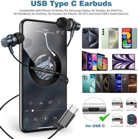 COOYA Premium USB C Wired Earbuds: Superior Noise-Canceling In-Ear Headphones with Magnetic Bass & Built-In Mic – Compatible with i Phone 16, Samsung Galaxy S25 Ultra, Google Pixel Devices – Exceptional Comfort for Music, Gaming, and Calls