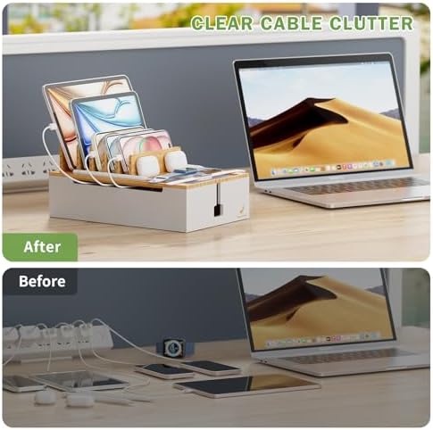 Pezin & Hulin Eco-Friendly Bamboo Charging Station – 10-Port USB Dock Organizer with 6 Cables, Enhanced Power Supply & Cable Management for Multi-Device Charging, Sleek Natural and Black Design for Homes and Offices