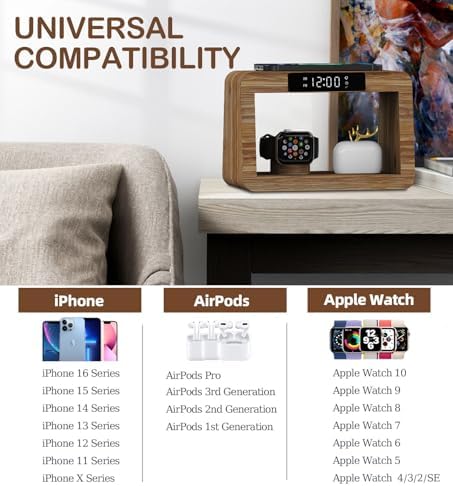 Eco-Friendly Bamboo Charging Station with 15 W Fast Wireless Charging, Adjustable Night Light & Multi-Device Compatibility for i Phone, i Watch, Air Pods, and Samsung – Sleek Nightstand Solution with 3 Color Modes and 4 Brightness Levels, Includes Adapter for Enhanced Efficiency