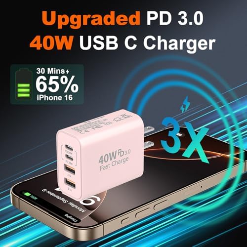 Ultimate 40 W Multiport USB-C Fast Charger – High-Efficiency 4-Port Power Adapter with Quick Charge 3.0 & Power Delivery for Super-Fast Device Charging – Sleek, Portable Design Perfect for Travel – Convenient 2-Pack for Enhanced Versatility and Easy Charging on the Go