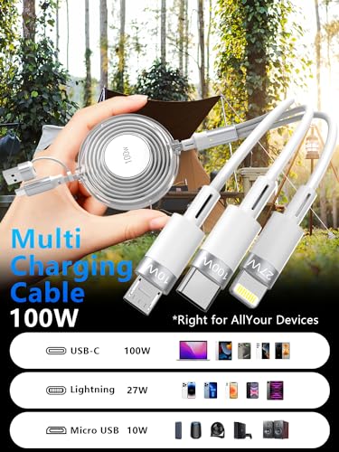 Versatile 3-in-1 Retractable Multi Charging Cable – 100 W USB-C Fast Charger for i Phone 15, 14, 13 & Samsung Devices – Stylish 4 FT Tangle-Free Cord in Elegant Pink – Essential Travel Companion for Quick Charging and Enhanced Compatibility