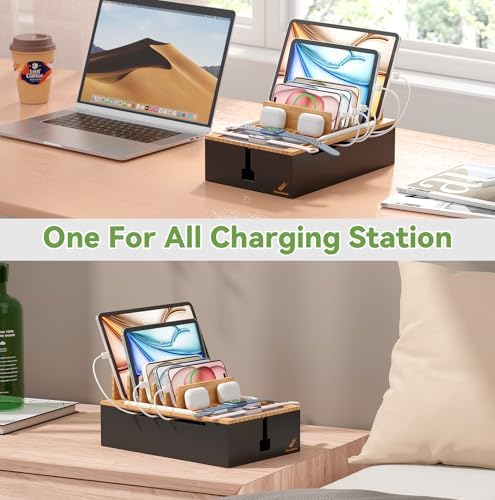 Pezin & Hulin Eco-Friendly Bamboo Charging Station – 10-Port USB Dock Organizer with 6 Cables, Enhanced Power Supply & Cable Management for Multi-Device Charging, Sleek Natural and Black Design for Homes and Offices