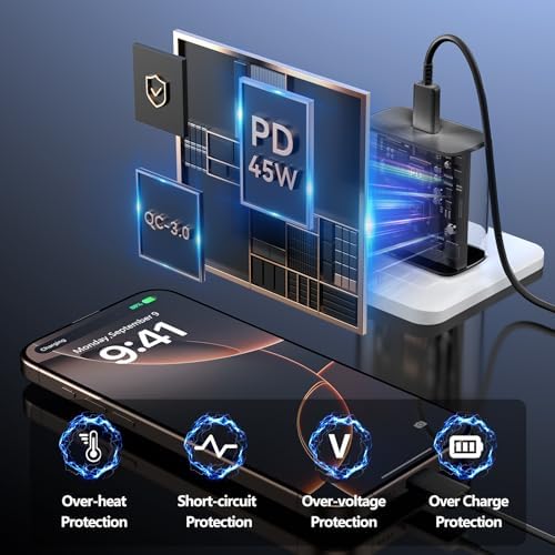 Apple 16 Series 45 W USB-C Rapid Charger with 6.6 ft Type-C Cable – Ultimate Fast Charging Solution for i Phone 16, Galaxy S24/S23, and All USB-C Devices – Compact, Durable, and Safety-Enhanced Power Adapter for On-the-Go Efficiency
