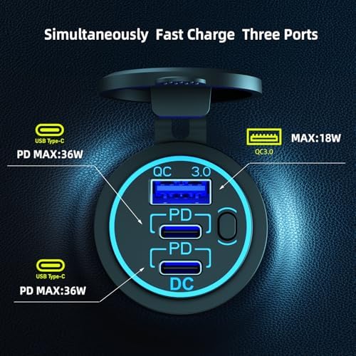 Mec Recare 12 V USB Outlet – Waterproof Dual PD 3.0 & Quick Charge 3.0 Charging Port for Marine, RV, Golf Cart & Motorcycle – Enhanced Durability and Fast Charging Power Switch for 12/24 V Systems