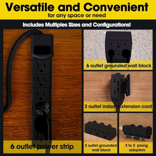 Comprehensive 7-Piece Multi-Outlet Power Management Kit – Versatile 6 Outlet Power Strip, Dual Outlet Extenders, 5 Ft Indoor Extension Cord & 3 Prong Adapters for Enhanced Compatibility – Essential Home & Office Surge Protection Solution in Sleek White Design