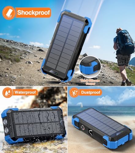 GOODaaa 42800 m Ah Portable Solar Power Bank with Built-in Cables and 15 W Fast Charging – Multi-Device Outdoor Charger with 5 Outputs, 3 Inputs, Emergency Flashlight and Durable Carabiner for Ultimate Convenience and Reliability