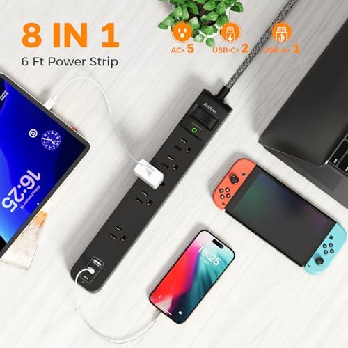 Dual Pack Surge Protector Power Strip with 5 Spacious Outlets and 3 Fast USB Ports – 1875 W/15 A Capacity for Home Office Efficiency, 6 Ft Durable Braided Cord, Smart Overload Protection, Wall Mountable Flat Plug Design for Optimal Space Utilization and Device Safety