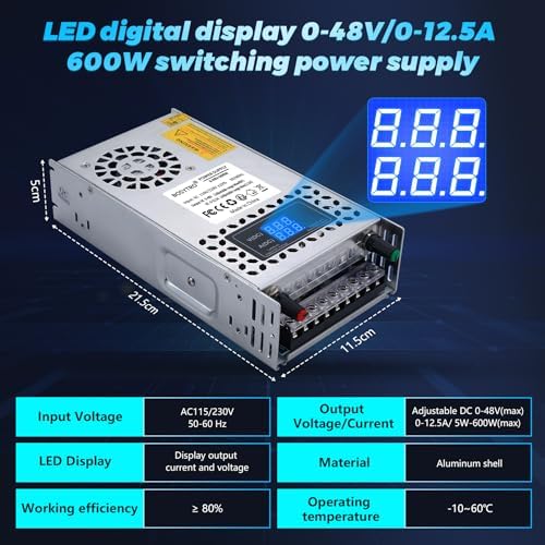 High-Performance 600 W Adjustable 24 V DC Power Supply with LED Display – Ultimate Versatile Switching Converter for 3 D Printers, CCTV Systems, and Lab Equipment – Dual Input (AC 110 V/220 V) with Multiple Output Options (5 V, 10 V, 12 V, 24 V) for Enhanced Compatibility and Efficiency
