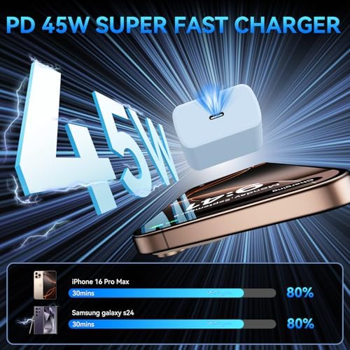 Elevate Your Charging Experience with the 45 W Super Fast USB-C Charger and 6.6 FT Cable – Optimal for i Phone 16 Pro Max, i Pad, and Android Devices – Compact, High-Efficiency Power Adapter with Advanced Safety Features for On-the-Go Users
