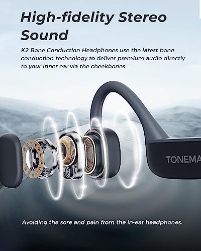 Revolutionize Your Workout with TONEAMC K2 Bone Conduction Headphones – Bluetooth 5.3 Open-Ear Sports Earbuds for Unmatched Comfort and Safety – Sweatproof Design with Built-in Mic for Hands-Free Calls and Ambient Sound Awareness – Perfect for Running, Cycling, and Intense Training Sessions