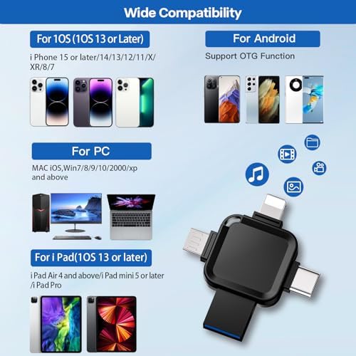Revolutionize Your Data Storage with the LANSLSY 128 GB 4-in-1 Flash Drive – Effortless Compatibility for i Phone, i Pad, Android, PC, and Mac – No App Required for Instant Access! Enjoy Enhanced Transfer Speeds and 4 Versatile Ports: Lightning, USB Type-A, USB Type-C, and Micro USB. Perfect for Storing Photos, Videos, and Documents with Ease – Ideal for Students, Professionals, and Photographers on the Go! Compact and Stylish Pink Design Makes It a Must-Have Accessory for Your Tech Gear. Say Goodbye to Data Management Hassles and Keep Your Files Securely Accessible Anytime, Anywhere!