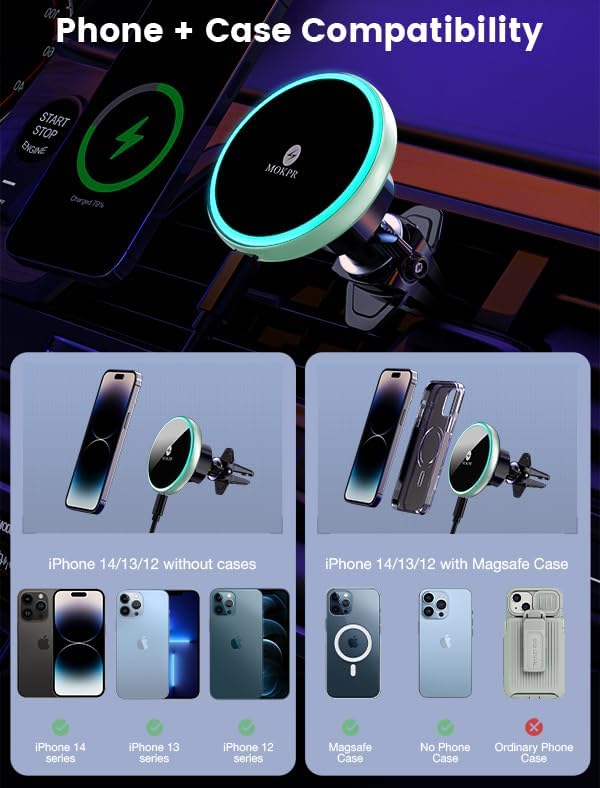 MOKPR 15 W Mag Safe Car Charger & Magnetic Phone Holder – Effortless Fast Wireless Charging with Dynamic LED RGB Lighting for i Phone 15/14/13/12 Series – Stylish Dash & Air Vent Mount for Enhanced Driving Experience and Convenient Accessibility