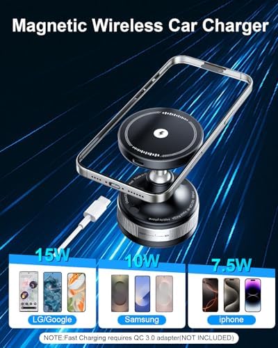 Qi2 Wireless Car Charger for i Phone 16 Pro Max – 15 W Magnetic Fast Charging Mount with 360-Degree Rotation for Ultimate Dashboard & Windshield Adaptability – Sleek, Ergonomic Design Enhancing Your Driving Comfort