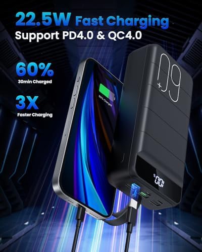 Ultimate 60000 m Ah Portable Charger – 22.5 W High-Speed Power Bank with LED Display, Multi-Device Support & Versatile USB-C, Micro USB, Lightning Inputs – Ideal for Travel, Camping, and Everyday Use – Stay Charged Anywhere, Anytime